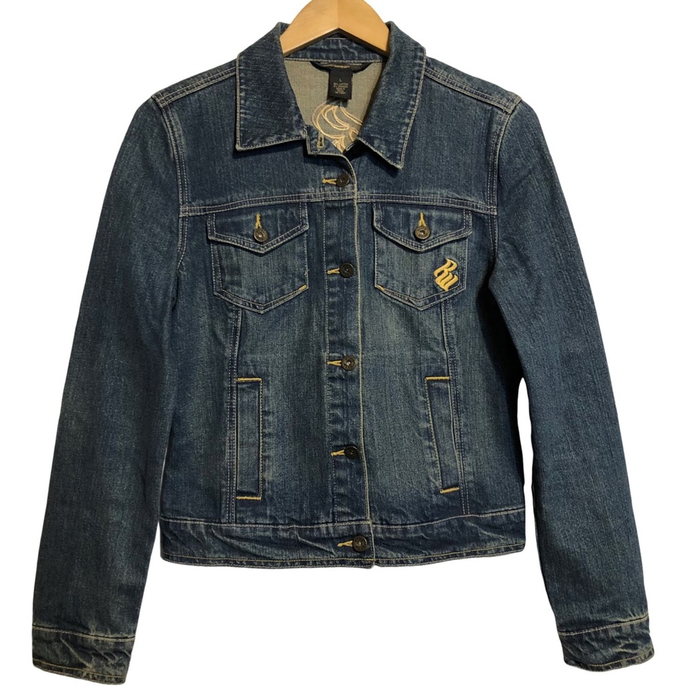 Vintage Y2K Rocawear Women's Gold Embroidery Denim Blue Jean Jacket L